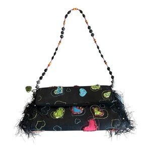 Rare! Vintage Mary Frances Black Shoulder Bag Beaded Colorful Heart Accents
